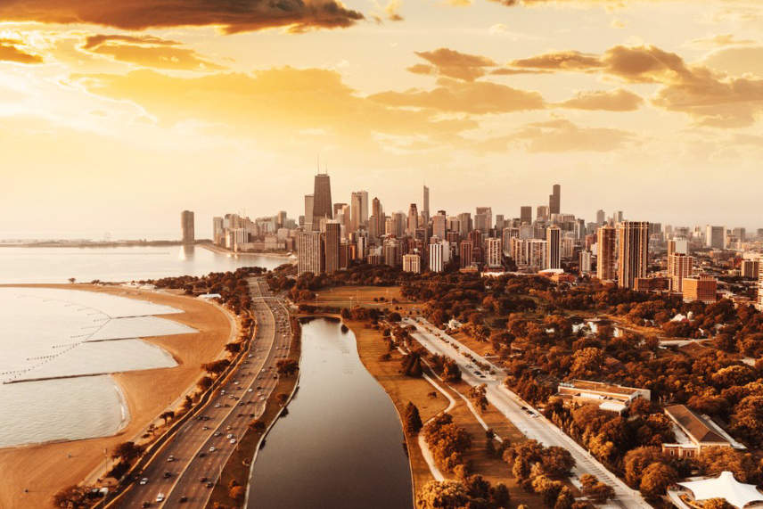 Aerial view of Chicago skyline from Lincoln Park.