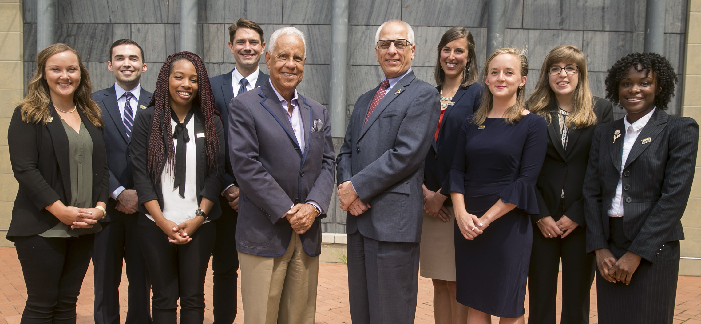 From left to right: Ava Wagner, Nate Manning, Jada Smith, Jesse Harris, Governor L. Douglas Wilder, Dean John Accordino, Ph.D., Lara McLellan, Libba Goggans McKinsey, Rebecca Doody and J'Niyah Knox-Wilson.