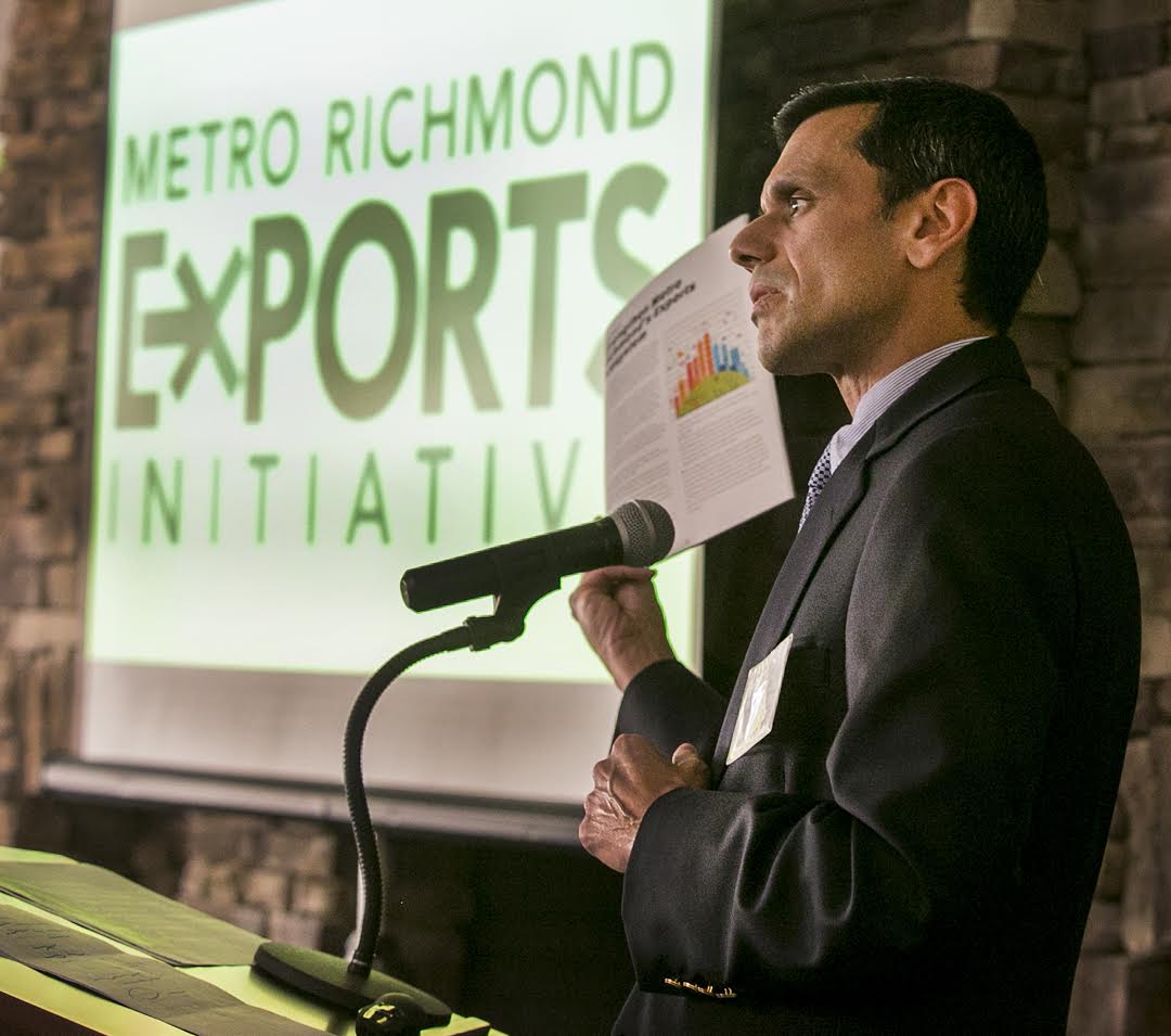 (Top) VCU President Michael Rao, Ph.D., discusses the report. (Middle) John Accordino, Ph.D., (right) greets Todd Haymore, Virginia Secretary of Commerce and Trade. (Bottom) Barry Matherly, Todd Haymore, Renee Chapline, Michael Rao, Ph.D, Nick Klym, John Accordino, Ph.D., and Greg Wingfield at the event.