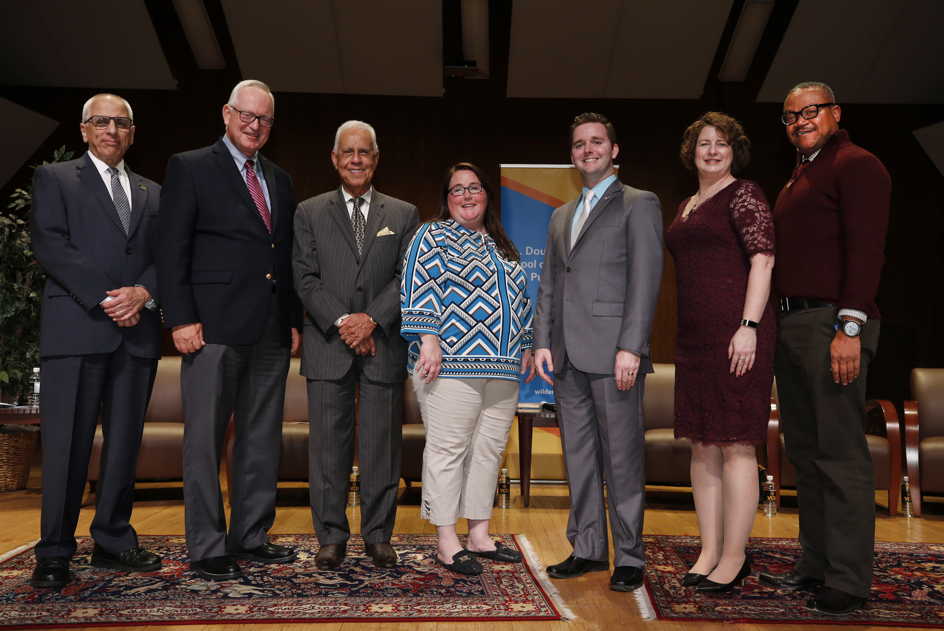 Left to right: John Accordino, Robert Holsworth, L. Douglas Wilder, Rachel Bitecofer, J. Lee Vogler, Kristine Artello, and Cordel Faulk