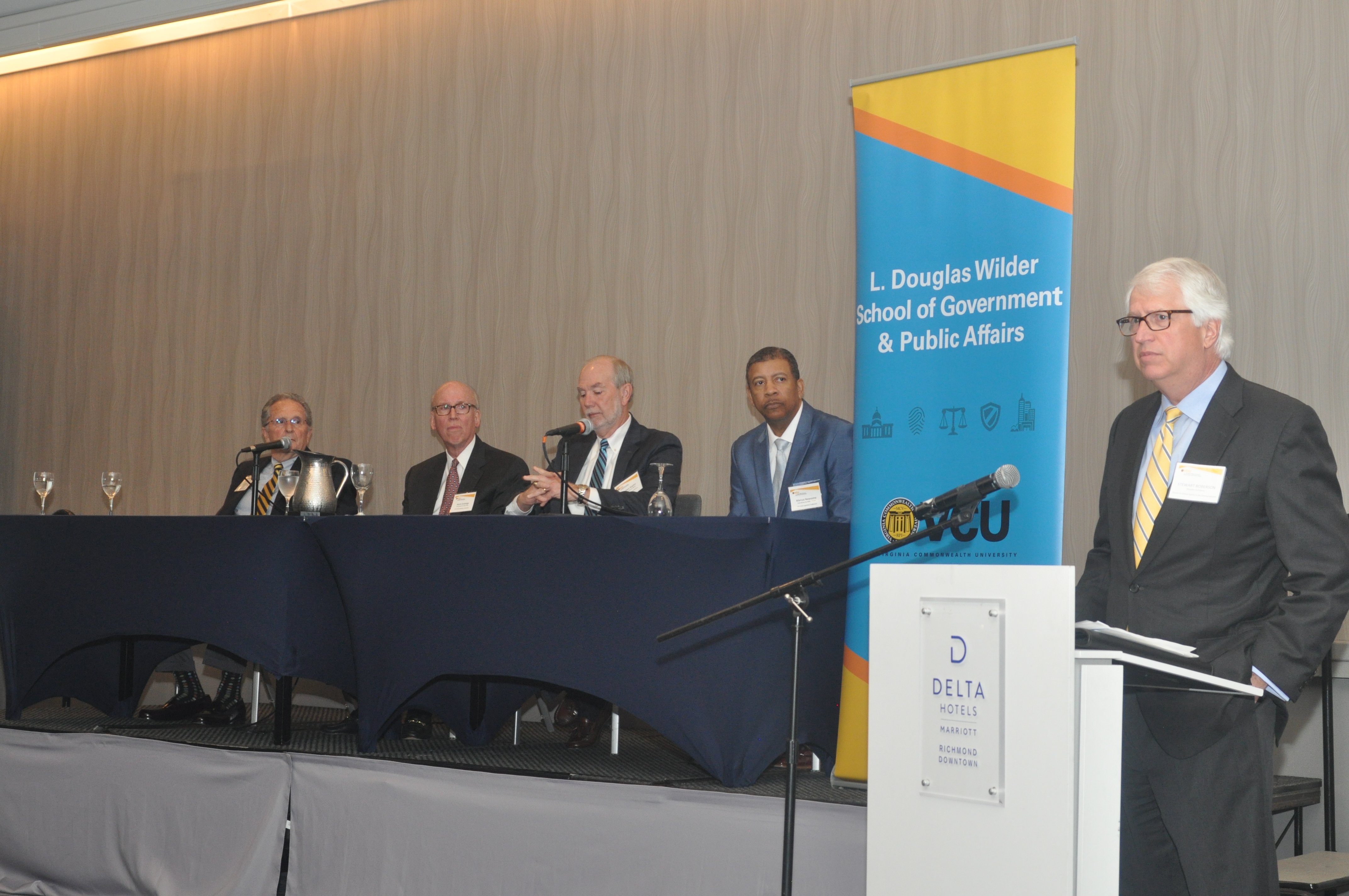 Dr. Stewart Roberson moderates a panel with, from left, Dr. Marcus Newsome, Dr. Steve Staples, Dr. Mark Emblidge and Dr. Richard Vacca during the CEPI 2018 Legislative Conference.