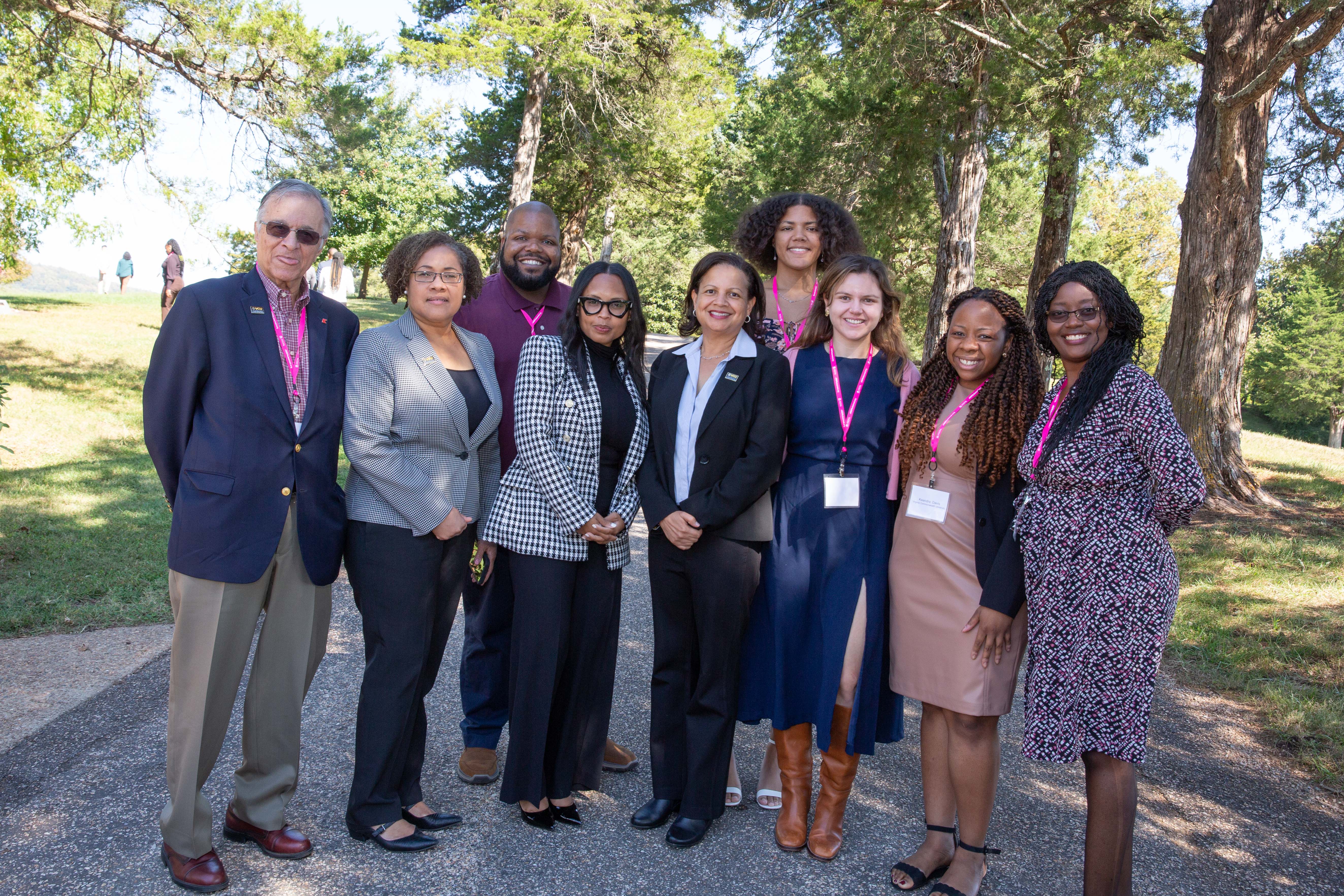 The Equity Summit saw a strong Wilder School presence. From left to right: Blue Wooldridge, RaJade Berry-James, Anthony Starke, alumna Sesha Joi-Moon ('08 MS), Susan Gooden, Elizabeth Harden, Sophie Webb, Keandra Davis and Sombo Muzata.