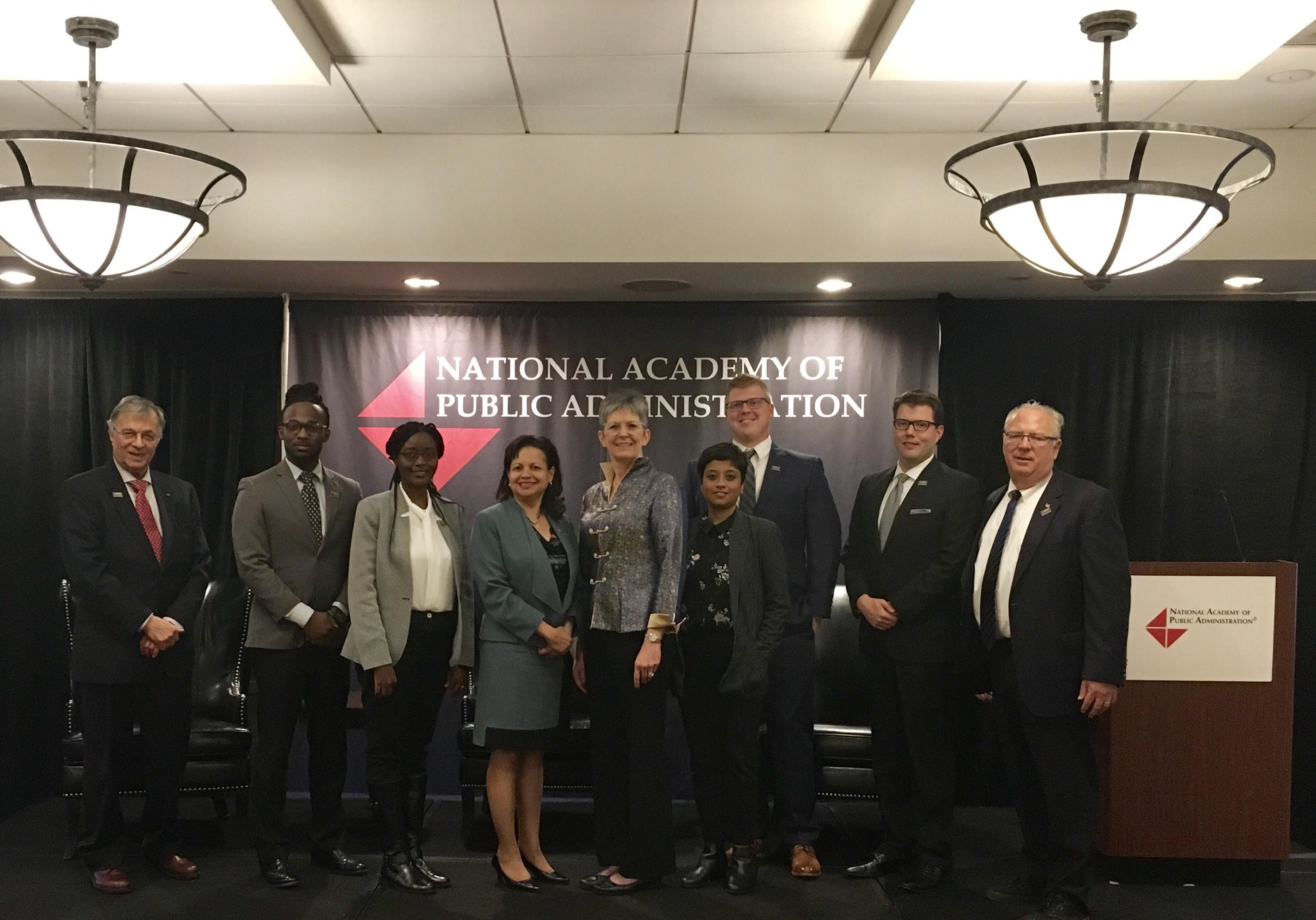 The Wilder School delegation at the NAPA Fall Meeting included, from left to right are Dr. Blue Wooldridge; MPA student and Wilder Fellow Javon Johnson; doctoral student Sombo Chunda; Interim Dean Dr. Susan Gooden; NAPA President Teresa Gerton; doctoral student Suparna Dutta; MHSEP student and Wilder Fellow Conor Blackwood; doctoral student Corey Miles; and William Leighty, adjunct professor.   