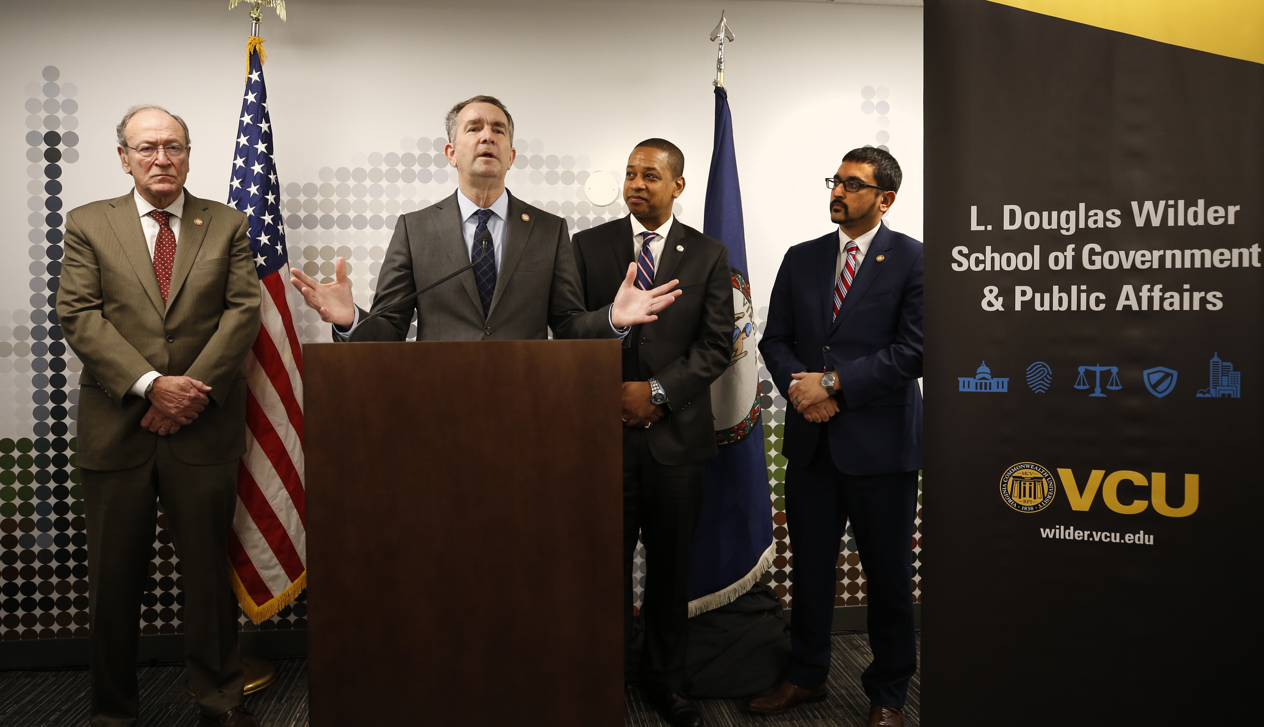 Top: L. Douglas Wilder, Virginia's 66th governor; Interim Dean Susan Gooden, Ph.D.; Governor Ralph Northam; and Lt. Gov. Justin Fairfax. Second: Secretary of Commerce and Trade Brian Ball; Gov.  Northam; Lt. Gov. Fairfax; and Secretary of Education Atif Qarni. Below: Gov. Wilder, Dr. Gooden and Gov. Northam listen to VCU Provost Gail Hackett's welcoming remarks.