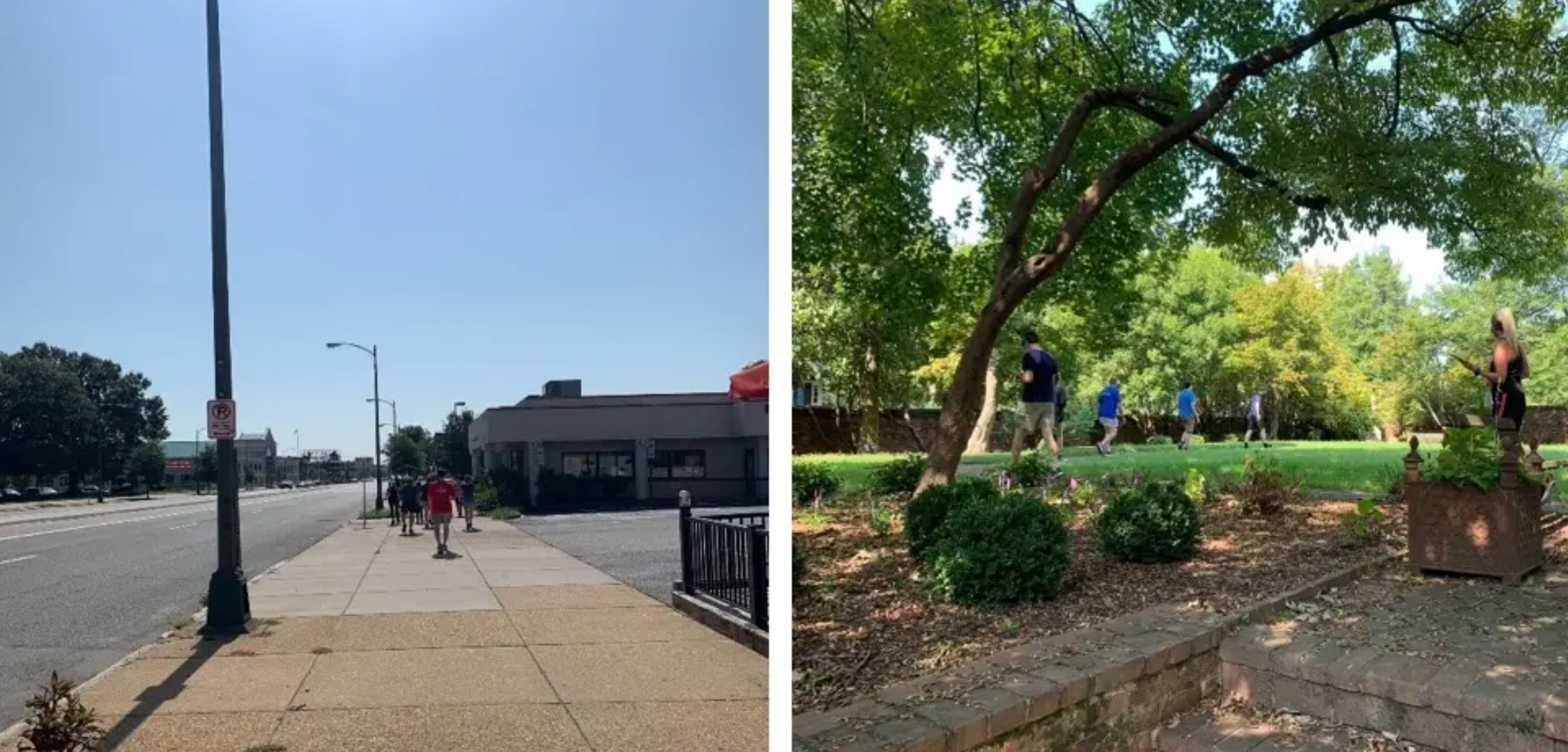 Walking in an urban green space (right) with two-lane roads with pedestrian road crossings, trees, residences with yards and small parks reduced stress more than walking in an urban gray space (left), characterized by a four-lane road with heavy traffic, a flat wide sidewalk next to shops and restaurants and minor pedestrian road crossings, according to a new study. (Courtesy of Jeremy S. Hoffman)