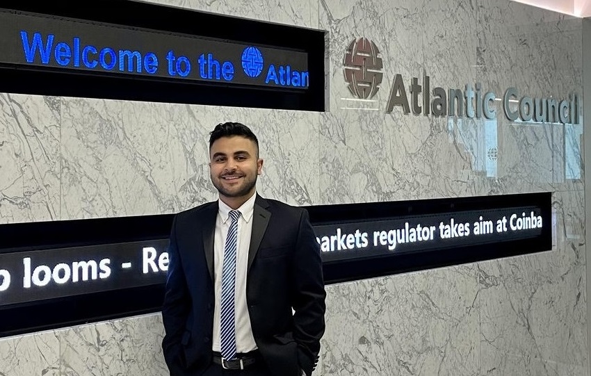 Hezha Barzani stands outside of his office at the Atlantic Council in Washington.