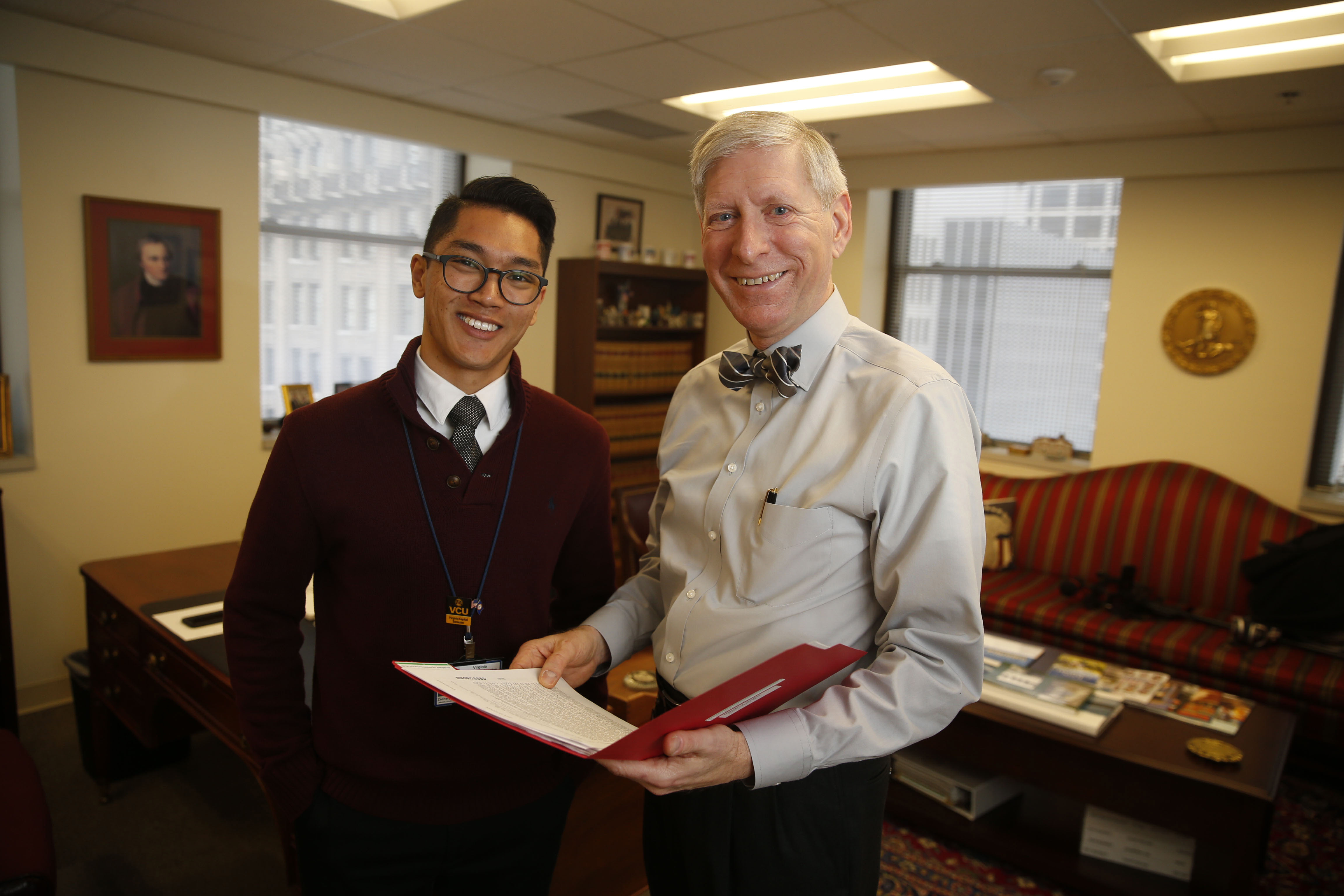 Top right: Zach Villegas with Del. R. Steven Landes. Bottom right: Elizabeth Dexter with legislative assistant Janet Muldoon. Dexter, a junior majoring in criminal justice and homeland security and emergency preparedness, interned in the office of Senate Democratic Leader Dick Saslaw.