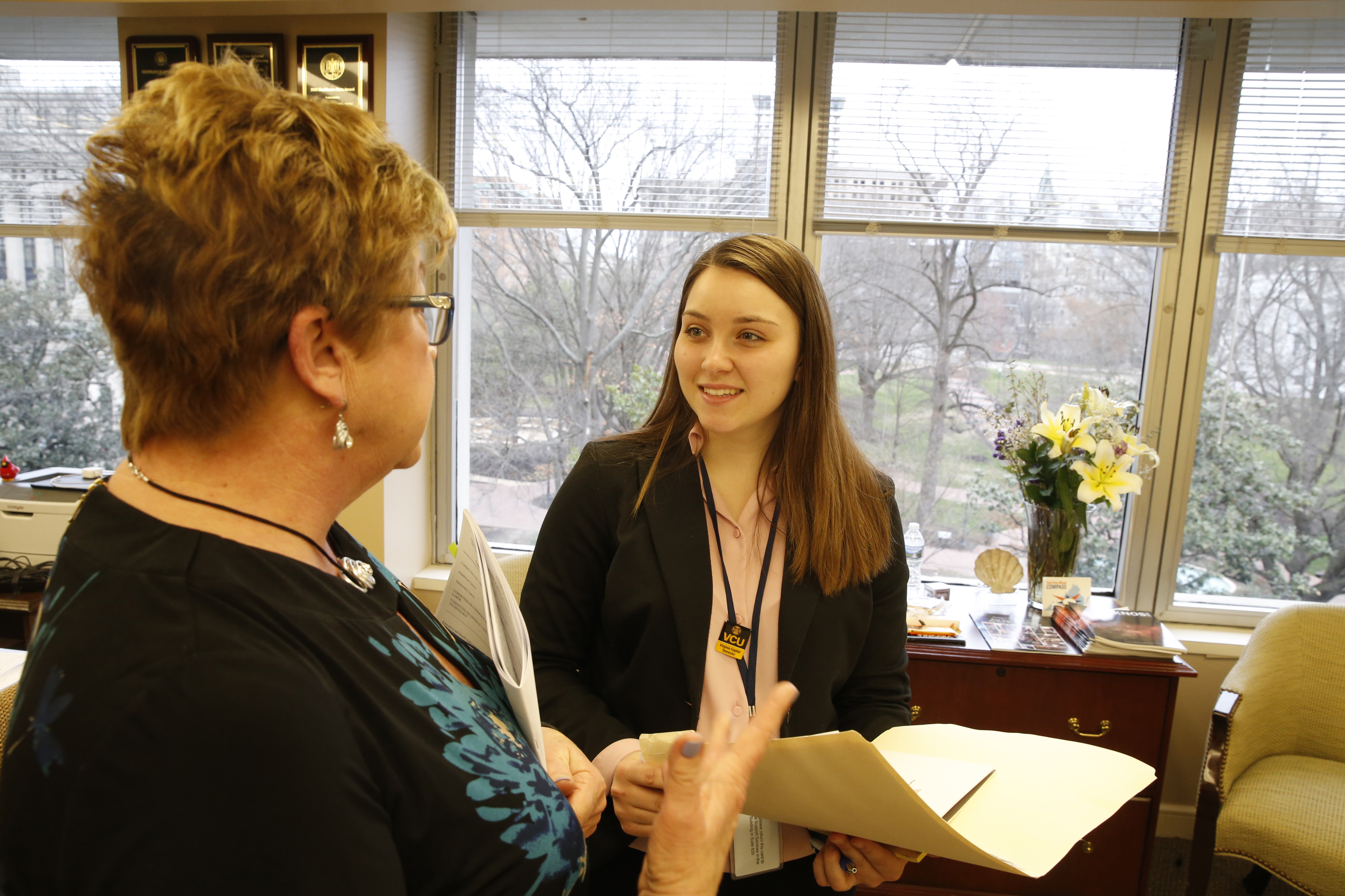 Wilder School student and Virginia Capitol Semester intern Elizabeth Dexter with legislative assistant Janet Muldoon. Dexter, a junior majoring in criminal justice and homeland security and emergency preparedness, interned in the office of Senate Democratic Leader Dick Saslaw this spring.